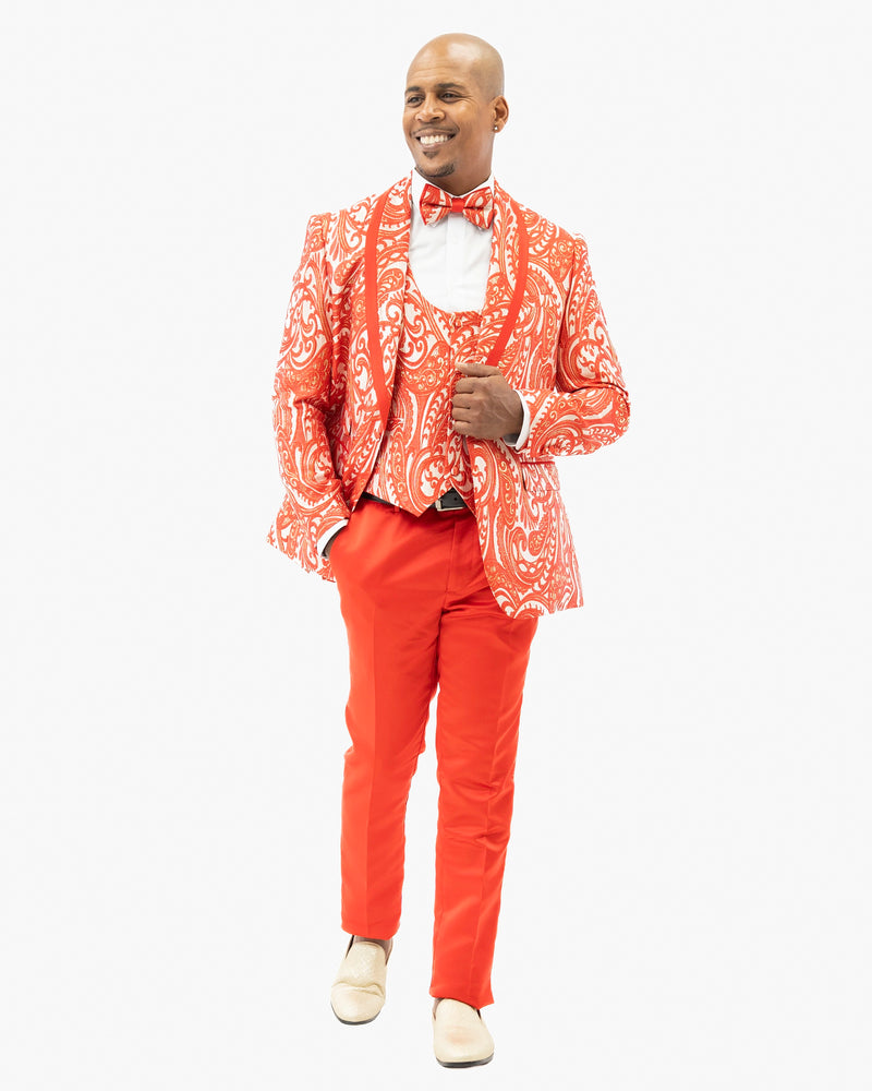 Red Woven Baroque 3-Piece Slim-Fit Tuxedo