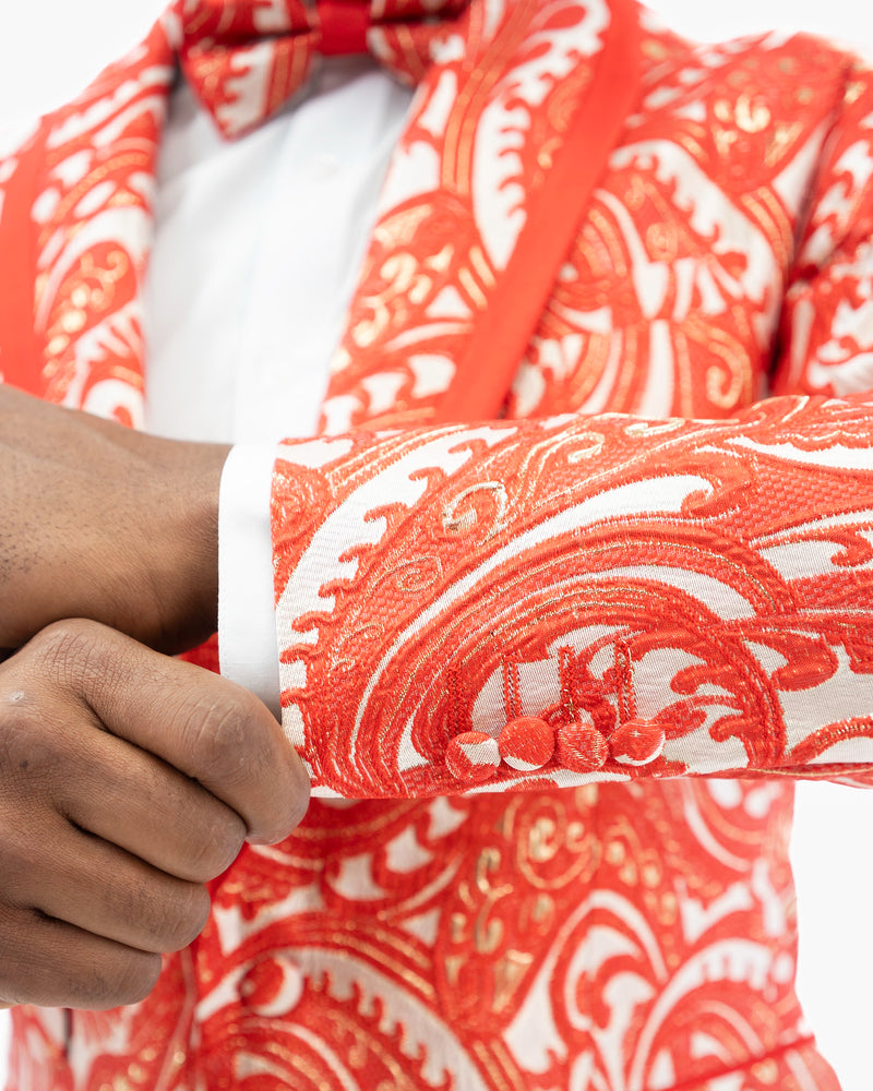 Red Woven Baroque 3-Piece Slim-Fit Tuxedo