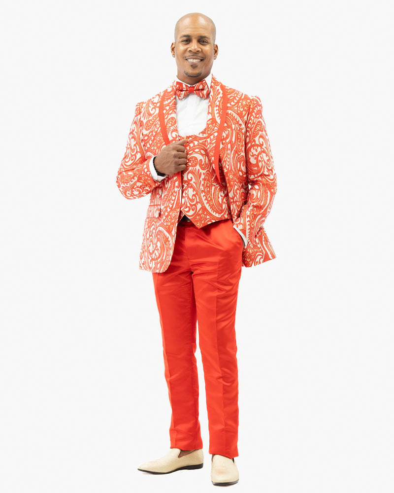 Red Woven Baroque 3-Piece Slim-Fit Tuxedo