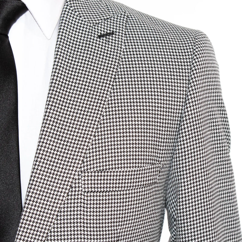 Men's White And Black Modern Houndstooth Slim-Fit Jacket With Peak Lapels
