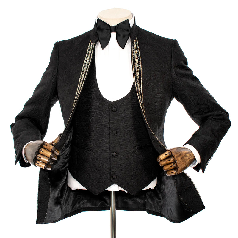 Black Infinity Jacquard With Gold Sequins 3-Piece Slim-Fit Tuxedo