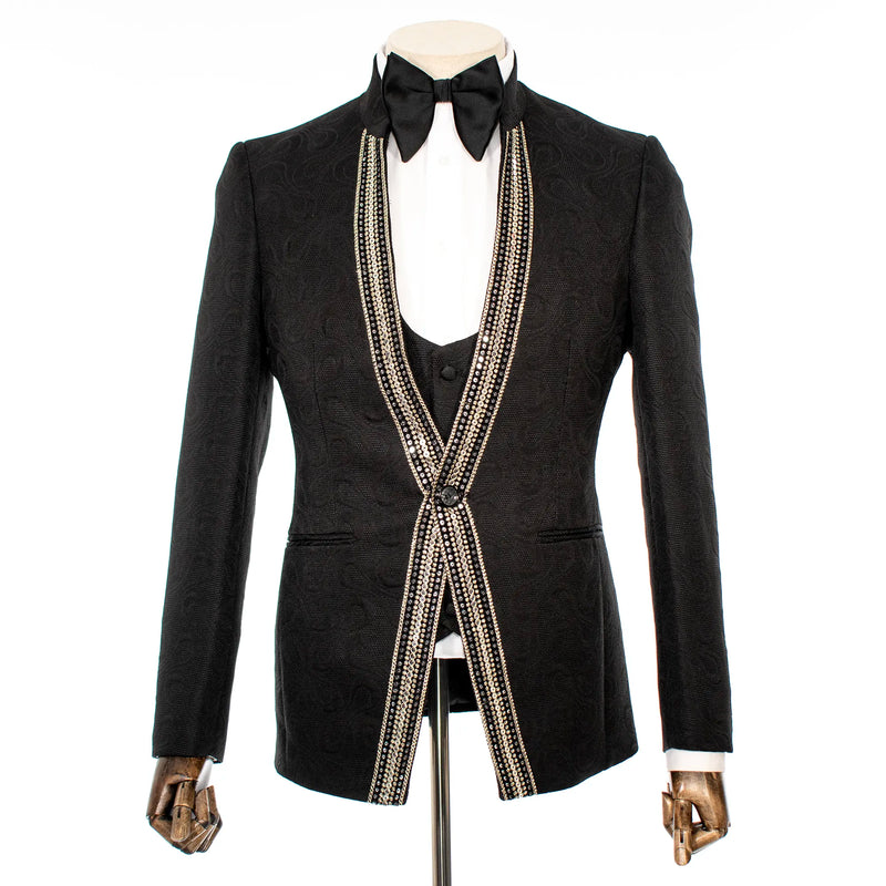 Black Infinity Jacquard With Gold Sequins 3-Piece Slim-Fit Tuxedo