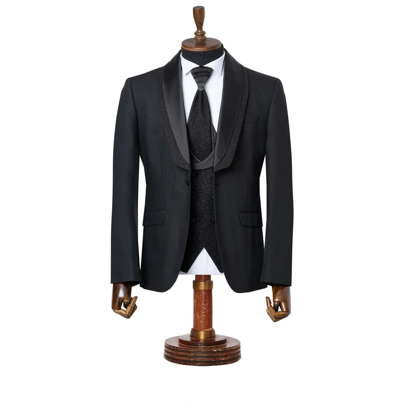 Duncan | Black 3-Piece Slim-Fit Tuxedo with Removable Shawl
