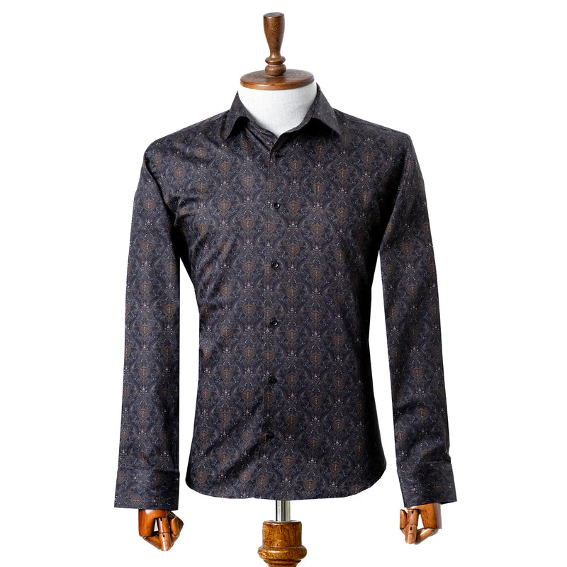 Black and Gold Paisley Satin Slim-Fit Fashion Shirt