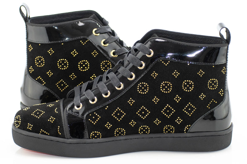 Black Suede and Gold Rhinestone High-Top Sneakers