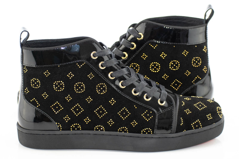 Black Suede and Gold Rhinestone High-Top Sneakers