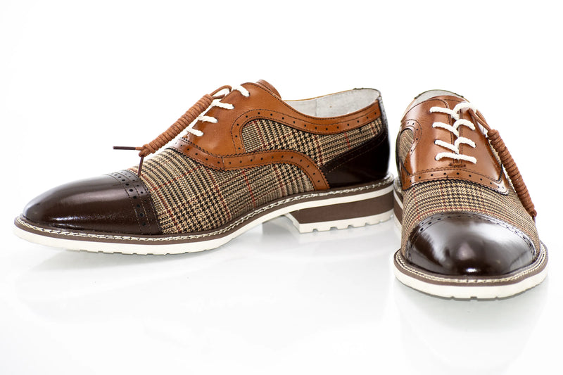 Chocolate Brown Gun Club Check  Leather Cap Toe Oxford Lace-Up