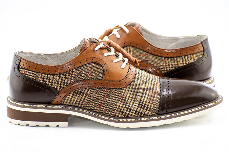 Chocolate Brown Gun Club Check  Leather Cap Toe Oxford Lace-Up