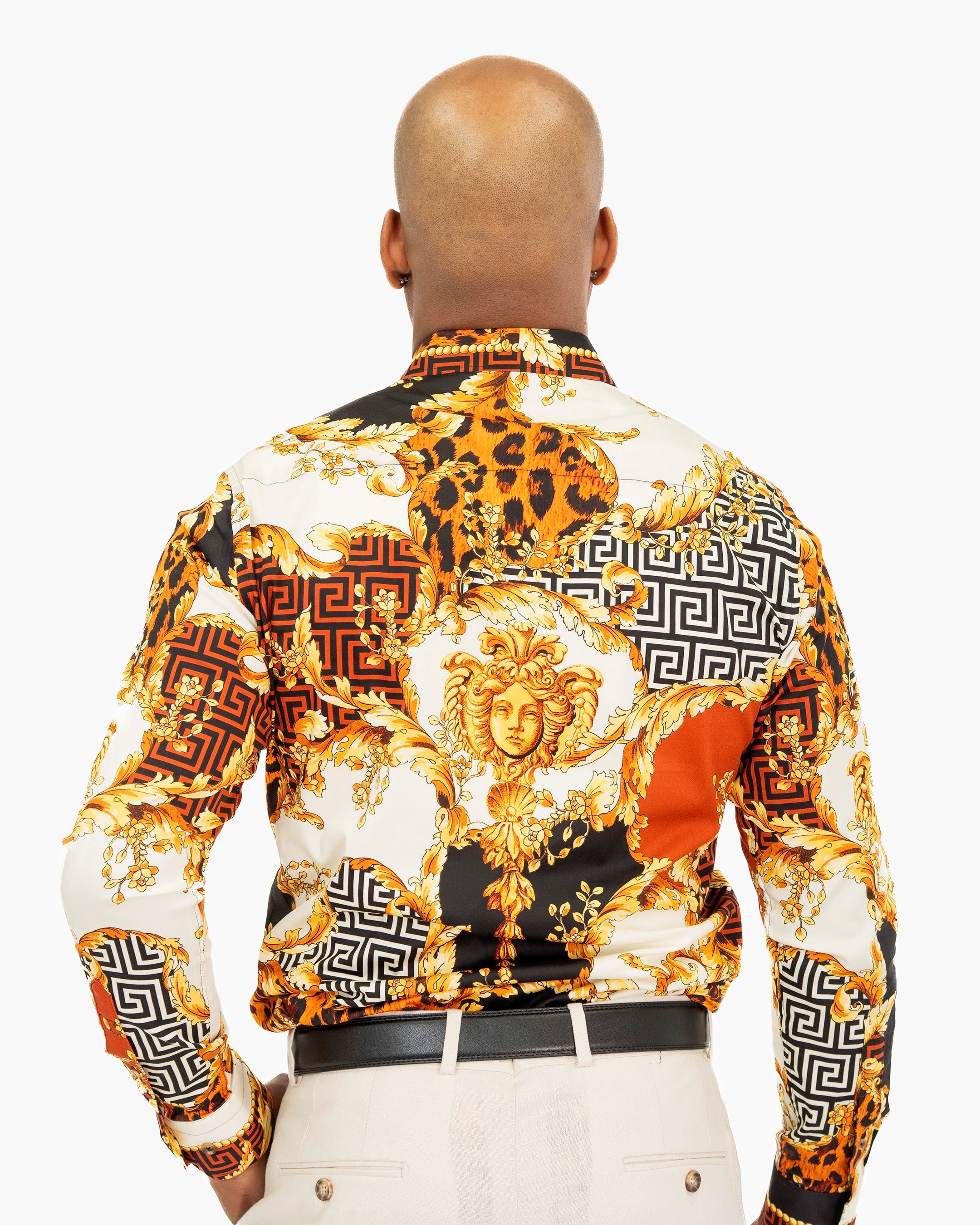 Saddle Brown And Black Baroque  Slim-Fit Dress Shirt