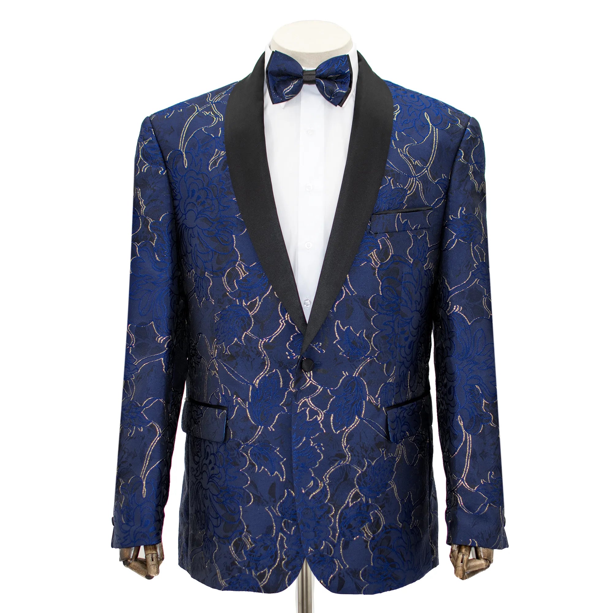 Navy Blue with Gold Metallic Floral Tailored-Fit Tuxedo Jacket