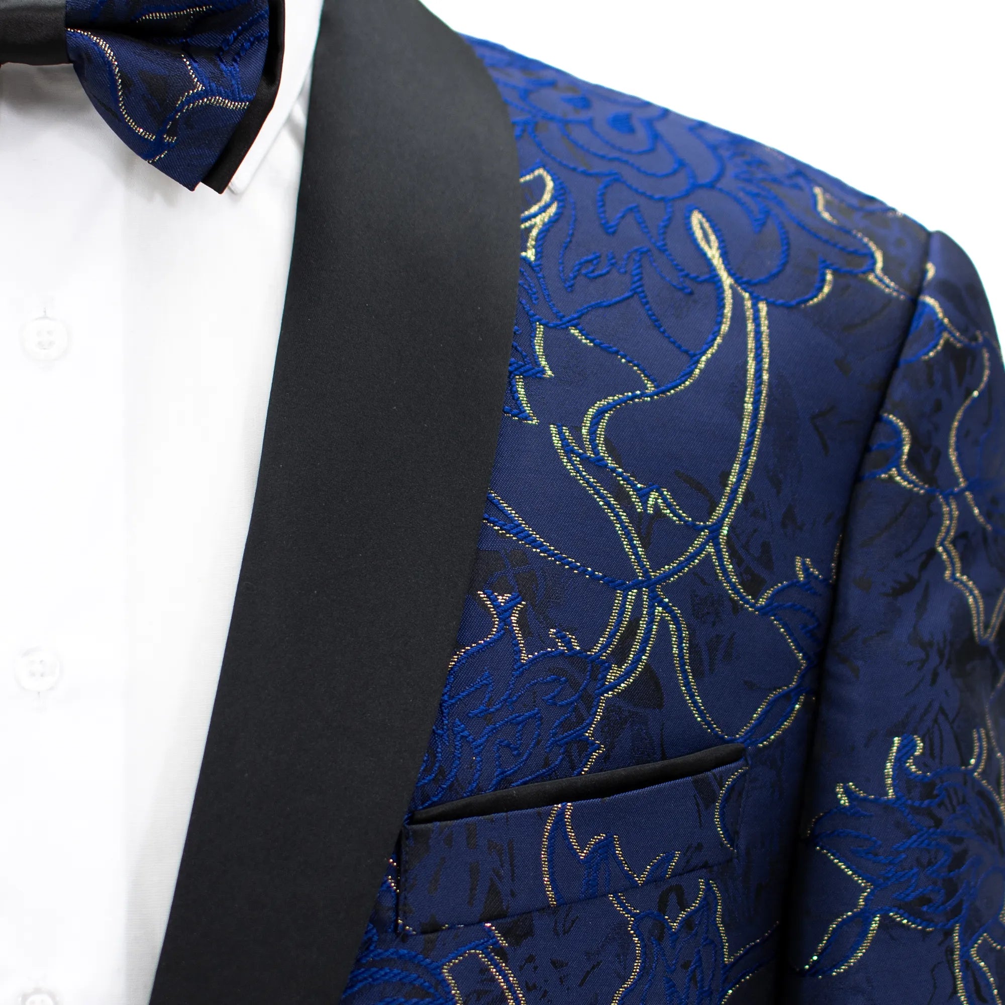 Navy Blue with Gold Metallic Floral Tailored-Fit Tuxedo Jacket
