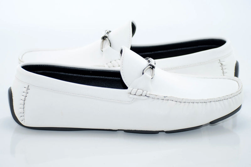 White Leather Driving Loafer with Fashion-Bit