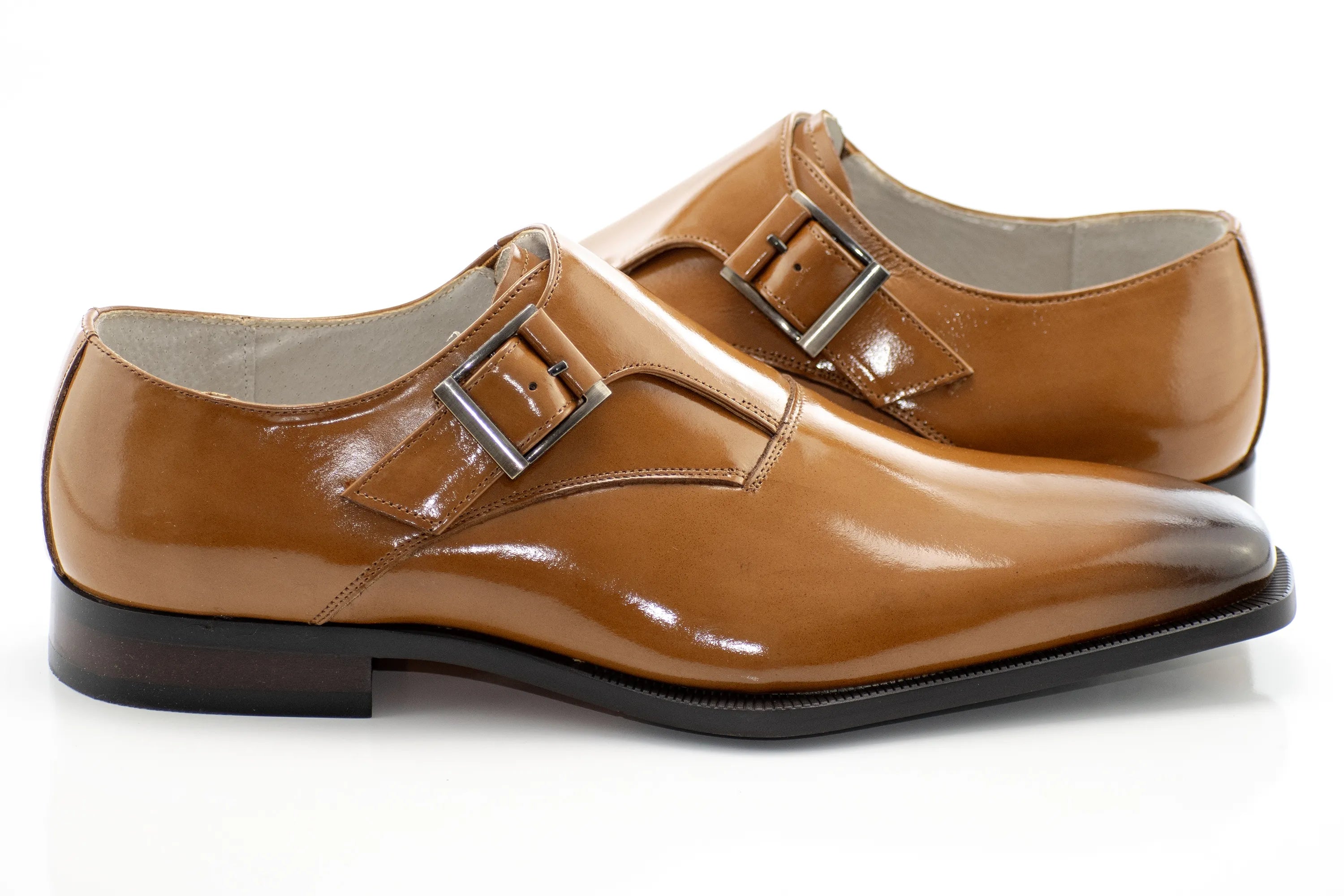 Tan Single Monk Strap Patent Leather Dress Shoes