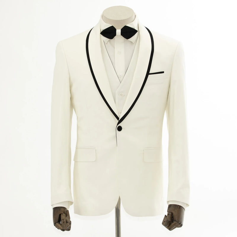 Black Trim on Cream Stretch 3-Piece Slim-Fit Tuxedo
