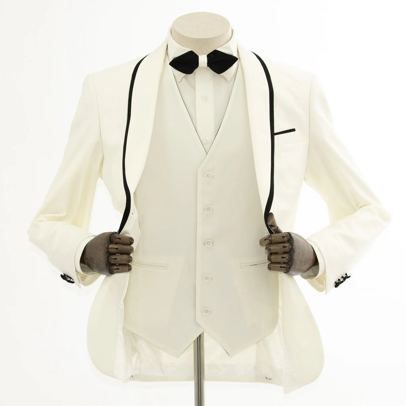 Black Trim on Cream Stretch 3-Piece Slim-Fit Tuxedo
