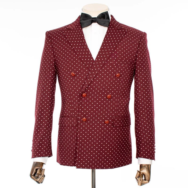 Burgundy Polka Dot Double-Breasted Slim-Fit Dinner Jacket
