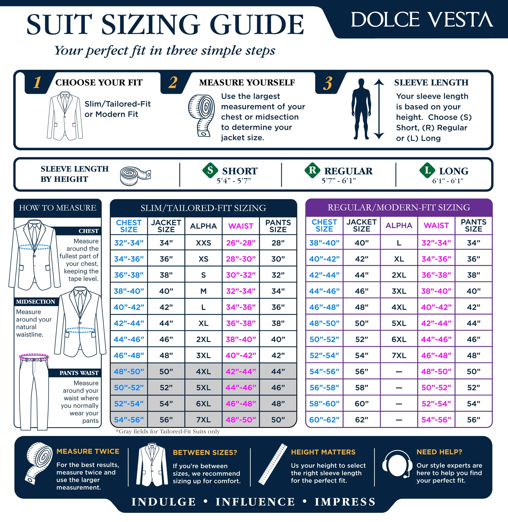 Dolce Vesta suit sizing guide with step-by-step instructions and measurement chart.
