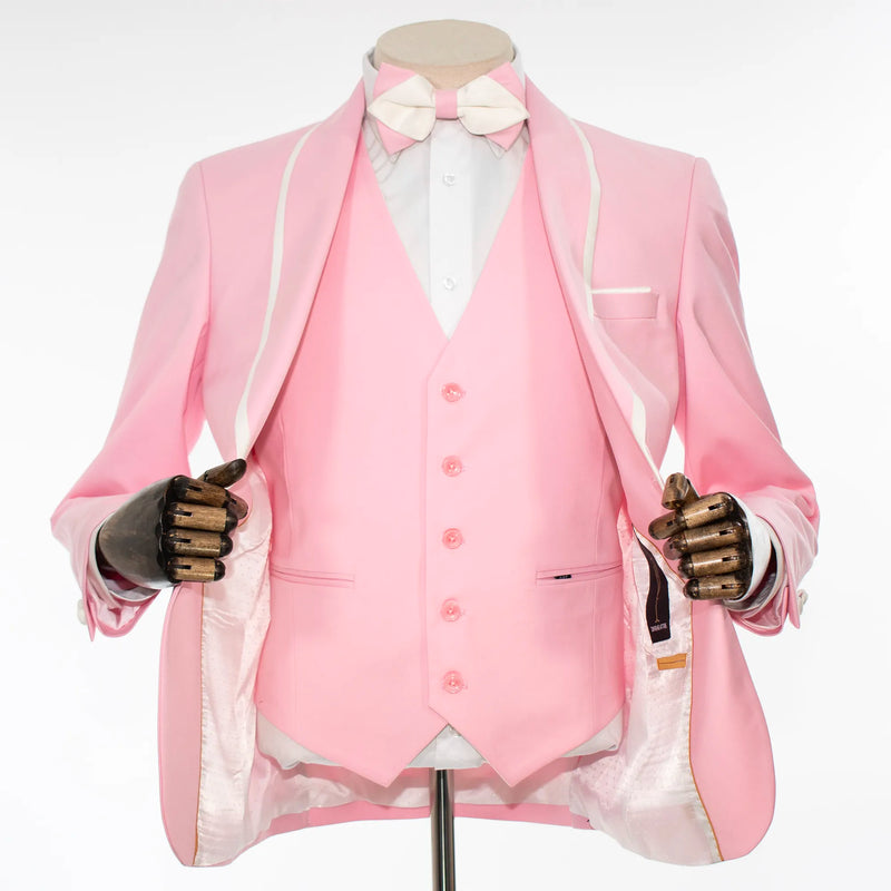 White Trim on Pink Stretch 3-Piece Slim-Fit Tuxedo