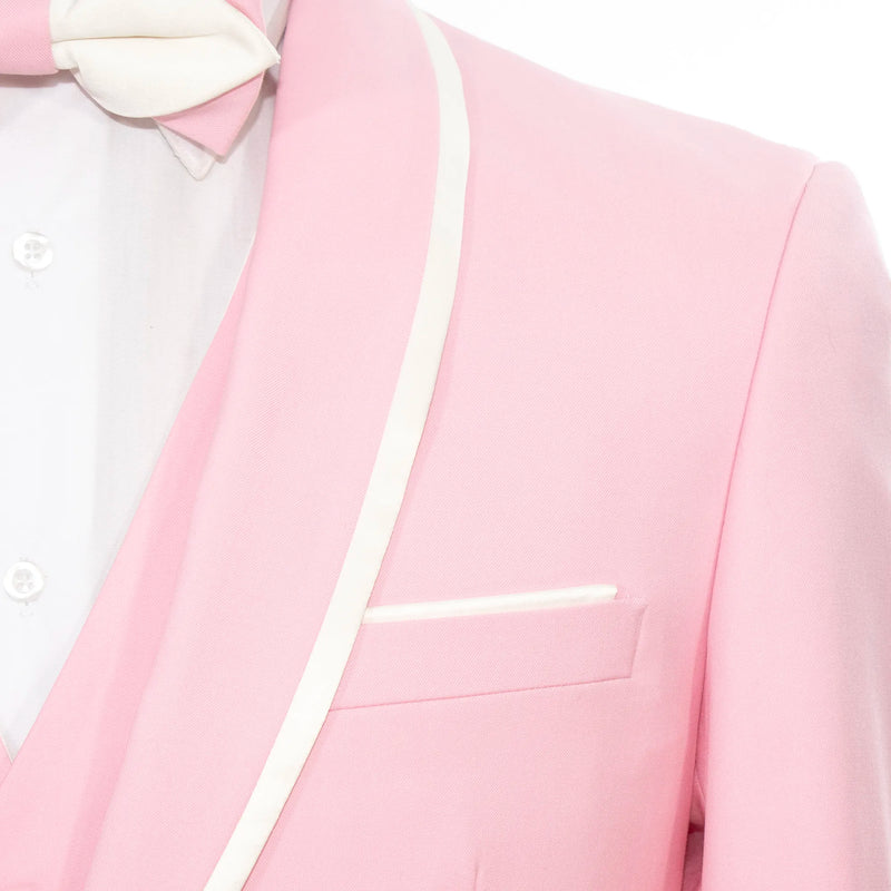 White Trim on Pink Stretch 3-Piece Slim-Fit Tuxedo