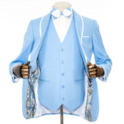 White Trim on Sky Blue Stretch 3-Piece Slim-Fit Tuxedo