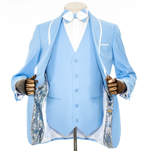 White Trim on Sky Blue Stretch 3-Piece Slim-Fit Tuxedo