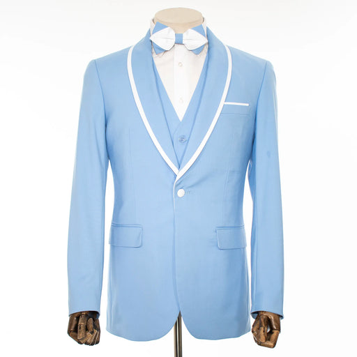 White Trim on Sky Blue Stretch 3-Piece Slim-Fit Tuxedo