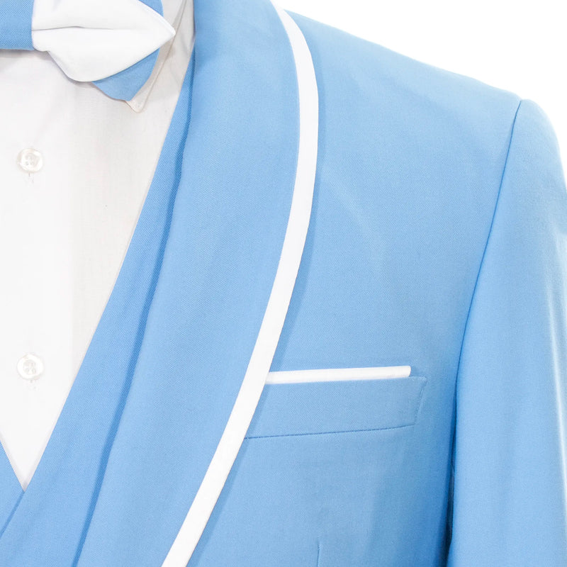White Trim on Sky Blue Stretch 3-Piece Slim-Fit Tuxedo