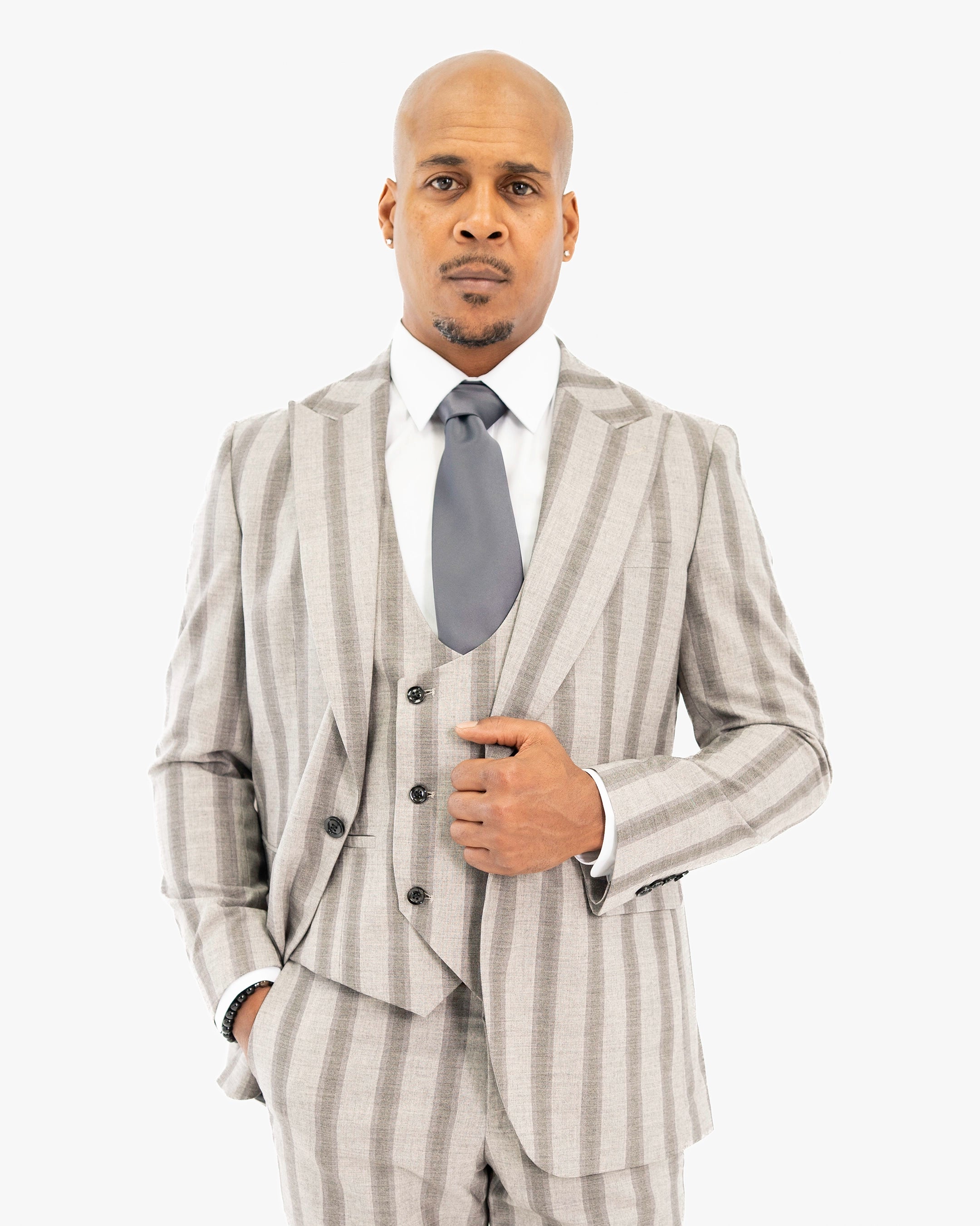 Light Gray Multitrack Stripe 3-Piece Tailored-Fit Suit