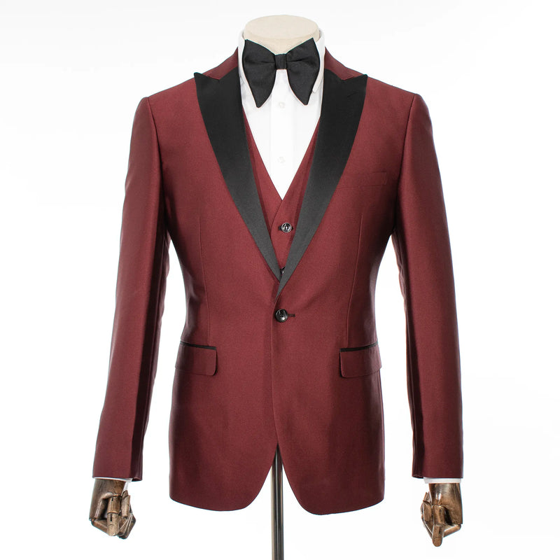Burgundy Sharkskin 3-Piece Slim-Fit Tuxedo