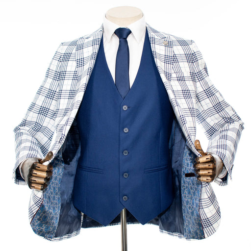 Navy Blue and White Plaid 3-Piece Slim-Fit Suit