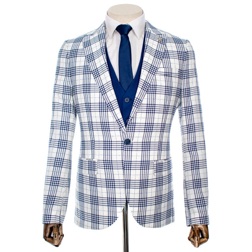 Navy Blue and White Plaid 3-Piece Slim-Fit Suit