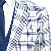 Navy Blue and White Plaid 3-Piece Slim-Fit Suit
