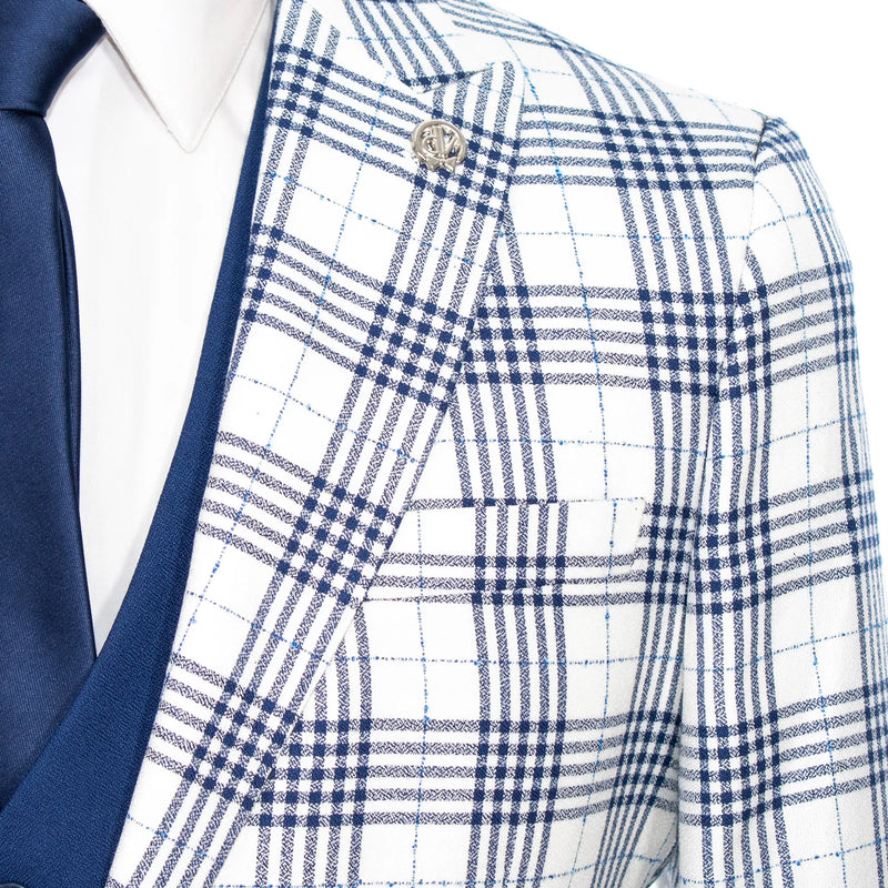 Navy Blue and White Plaid 3-Piece Slim-Fit Suit