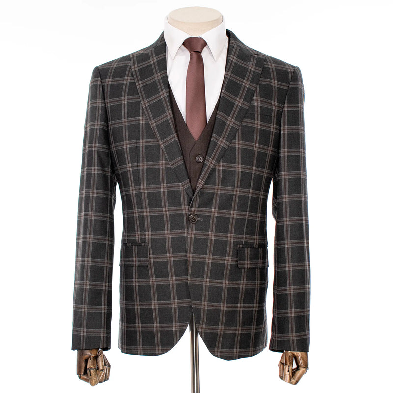 Black Plaid 3-Piece Slim-Fit Tweed Suit