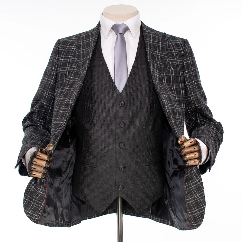 Black Plaid 3-Piece Slim-Fit Tweed Suit