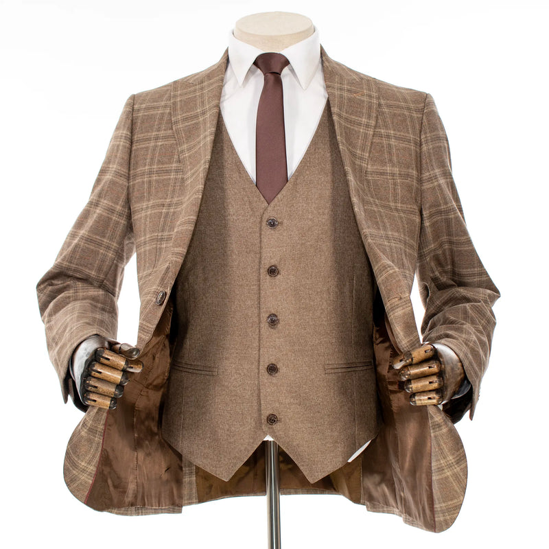 Brown Plaid 3-Piece Slim-Fit Suit