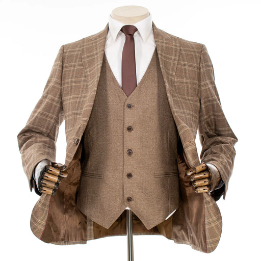 Brown Plaid 3-Piece Slim-Fit Suit