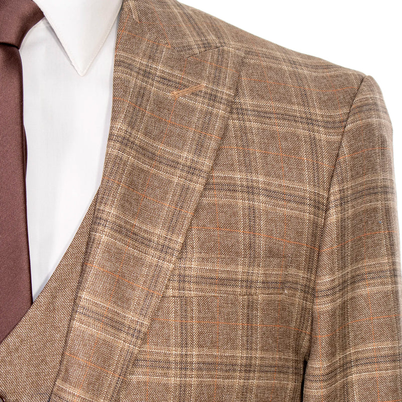 Brown Plaid 3-Piece Slim-Fit Suit