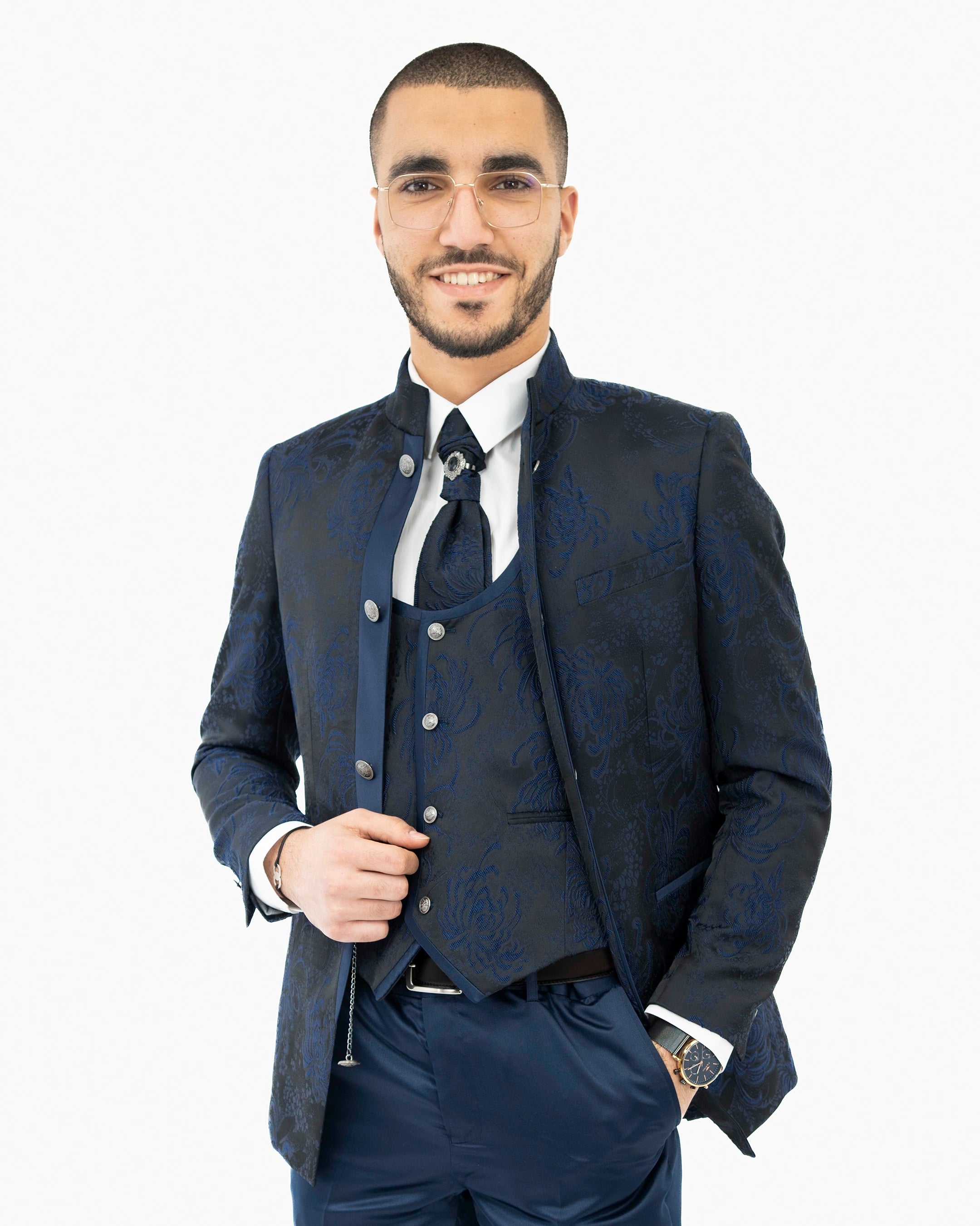 Midnight Floral 3-Piece Slim-Fit Tuxedo with Mandarin Collar