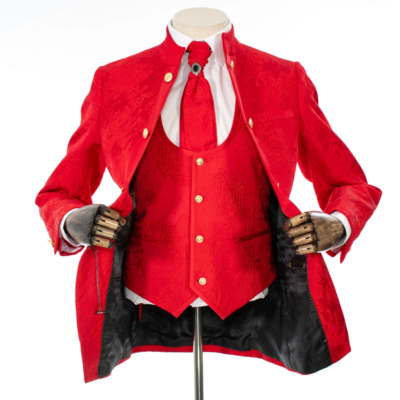 Red Floral 3-Piece Slim-Fit Tuxedo with Mandarin Collar