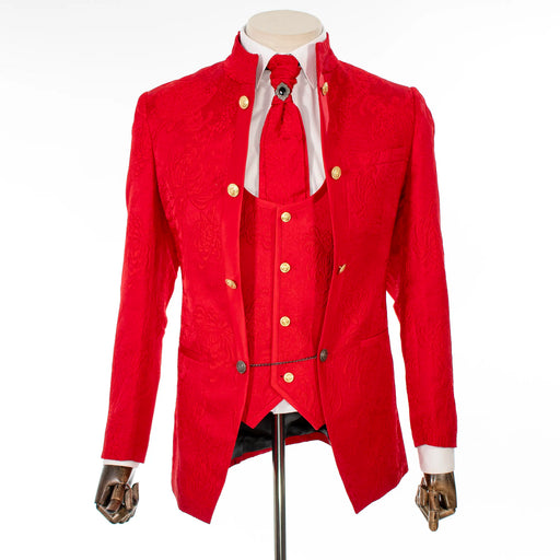 Red Floral 3-Piece Slim-Fit Tuxedo with Mandarin Collar
