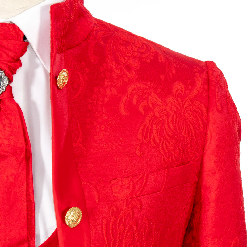 Red Floral 3-Piece Slim-Fit Tuxedo with Mandarin Collar