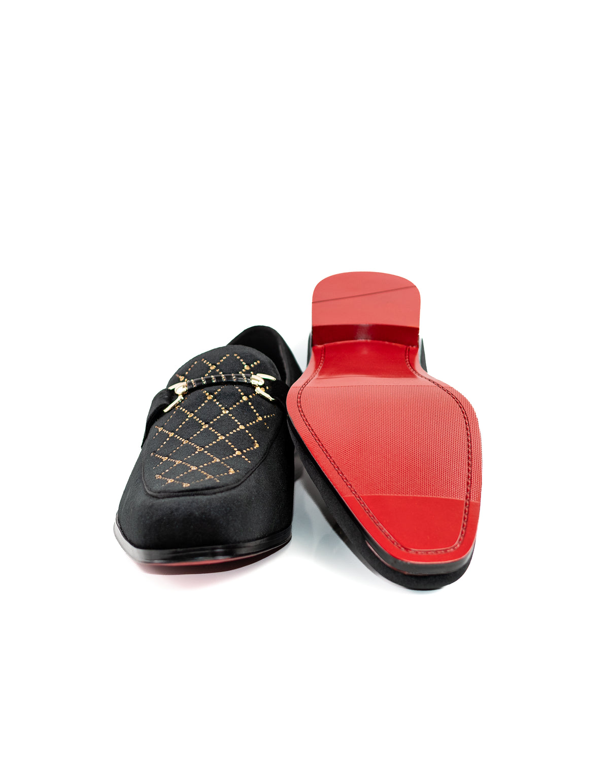 Black Suede Smoking Loafer with Rhinestone Flourish Shoe | Bottom View | Dolce Vesta