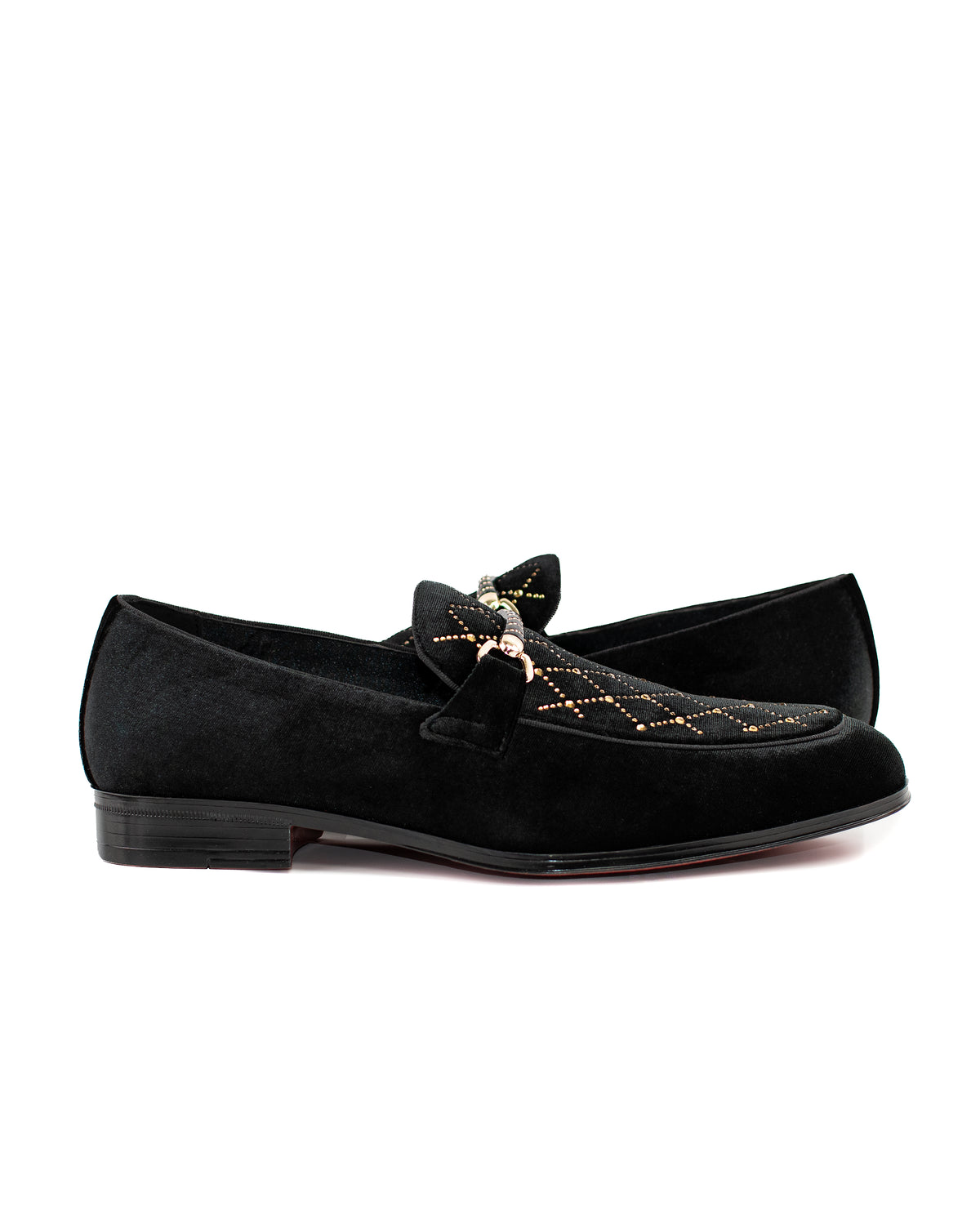 Black Suede Smoking Loafer with Rhinestone Flourish Shoe | Outside View | Dolce Vesta