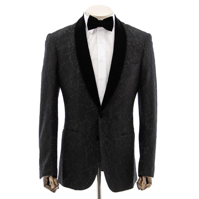 Black Embroidered Floral 2-Piece Suit With Shawl Lapels