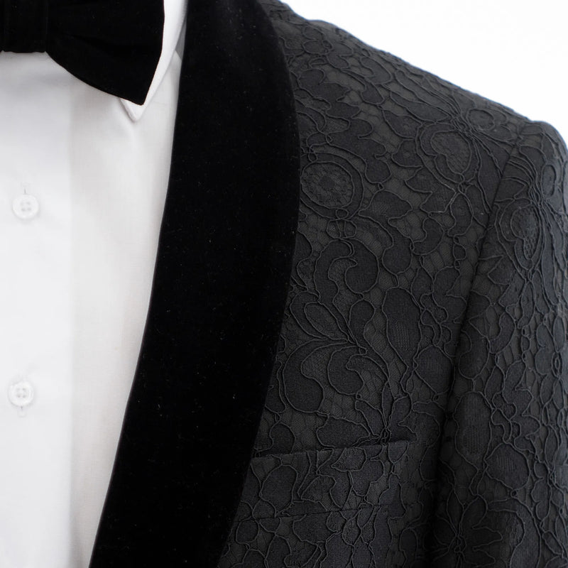 Black Embroidered Floral 2-Piece Suit With Shawl Lapels