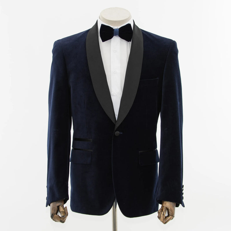 Navy Blue Velvet 2-Piece Tailored-Fit Shawl Tuxedo