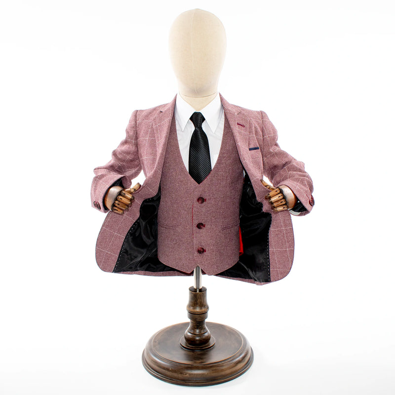 Kids' Light Burgundy Windowplane Plaid 3-Piece Suit