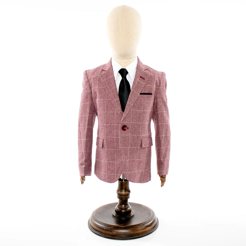 Kids' Light Burgundy Windowplane Plaid 3-Piece Suit