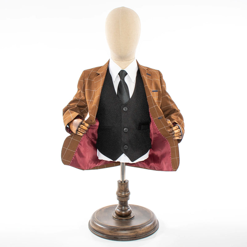 Kids' Chocolate Brown Windowplane Plaid 3-Piece Suit